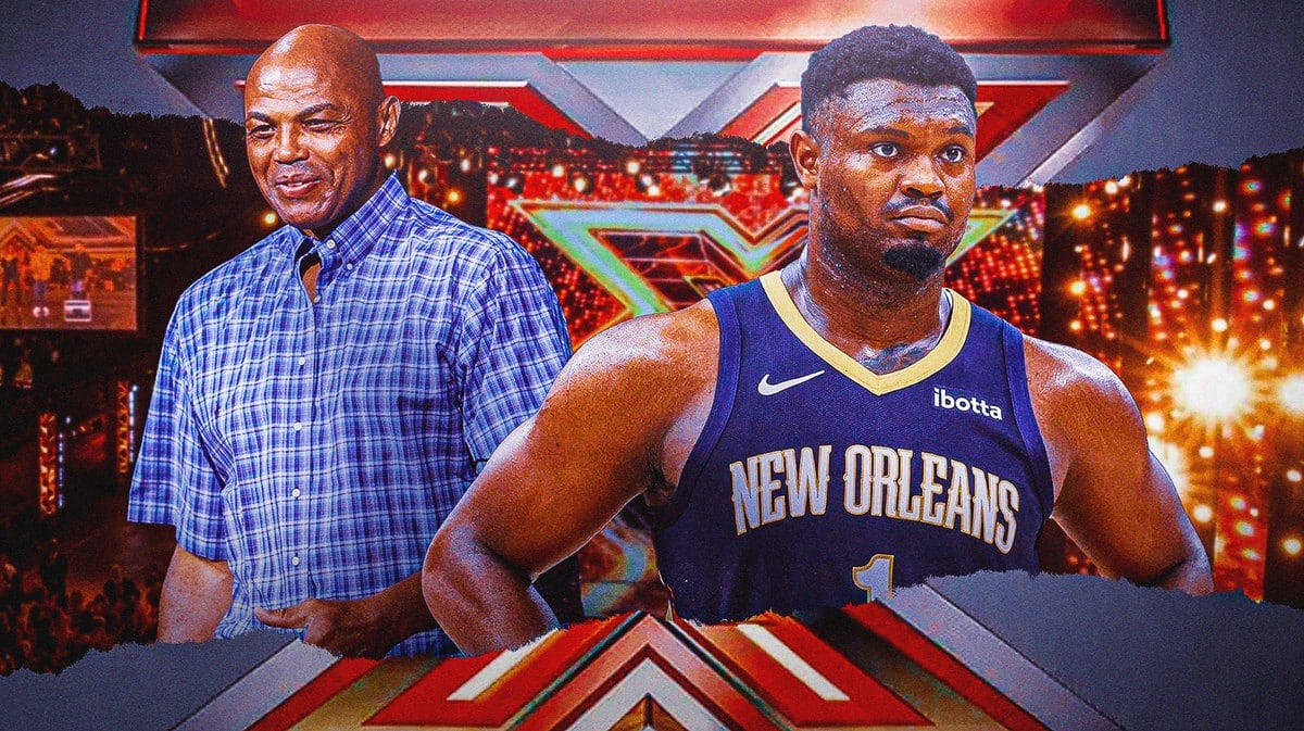 Pelicans' Zion Williamson hyped up in the middle, with Charles Barkley smiling, X-Factor logo behind Zion