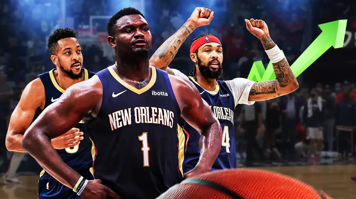 Pelicans in a bonding circle, looking at their stock going up. Have Zion Williamson, CJ McCollum, Brandon Ingram, etc