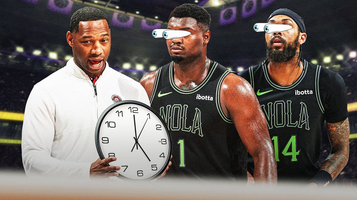 Willie Green holding a clock. Zion Williamson and Brandon Ingram with their eyes popping out