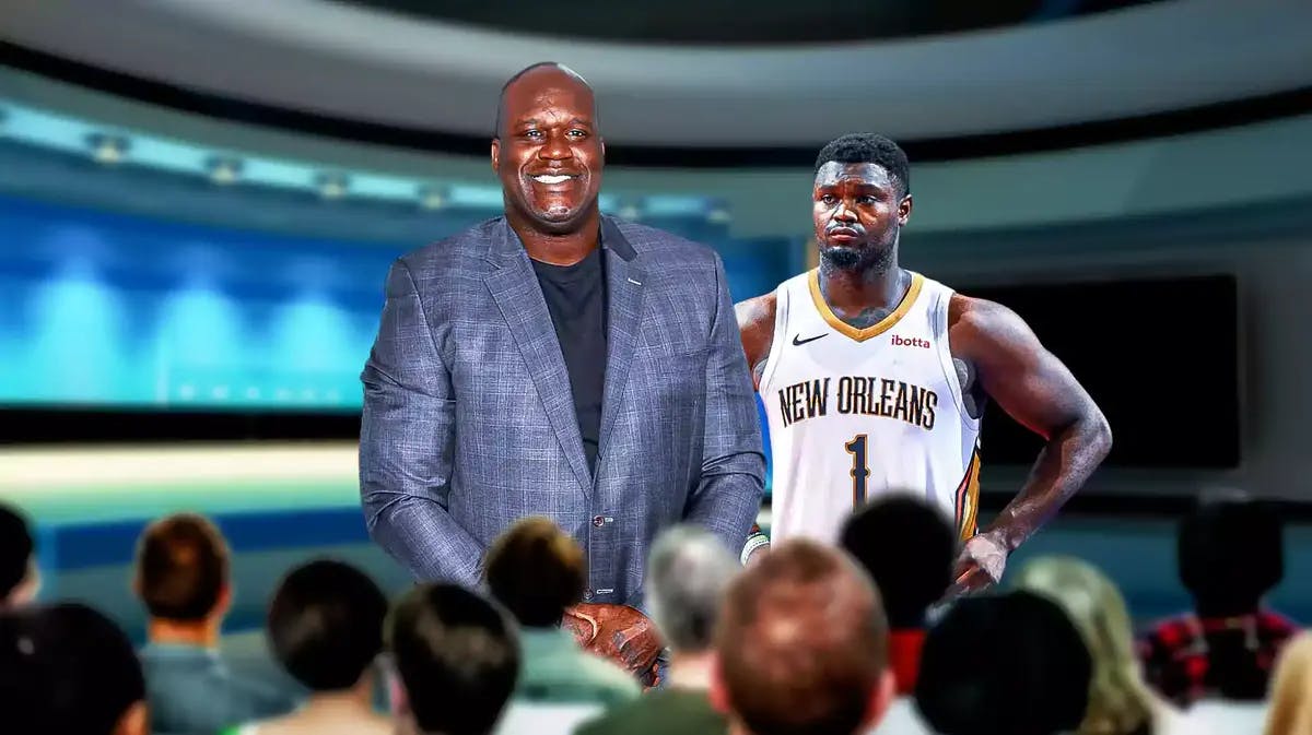 Shaquille O' Neal in commentator/talkshow outfit and a disappointed Zion Williamson behind him
