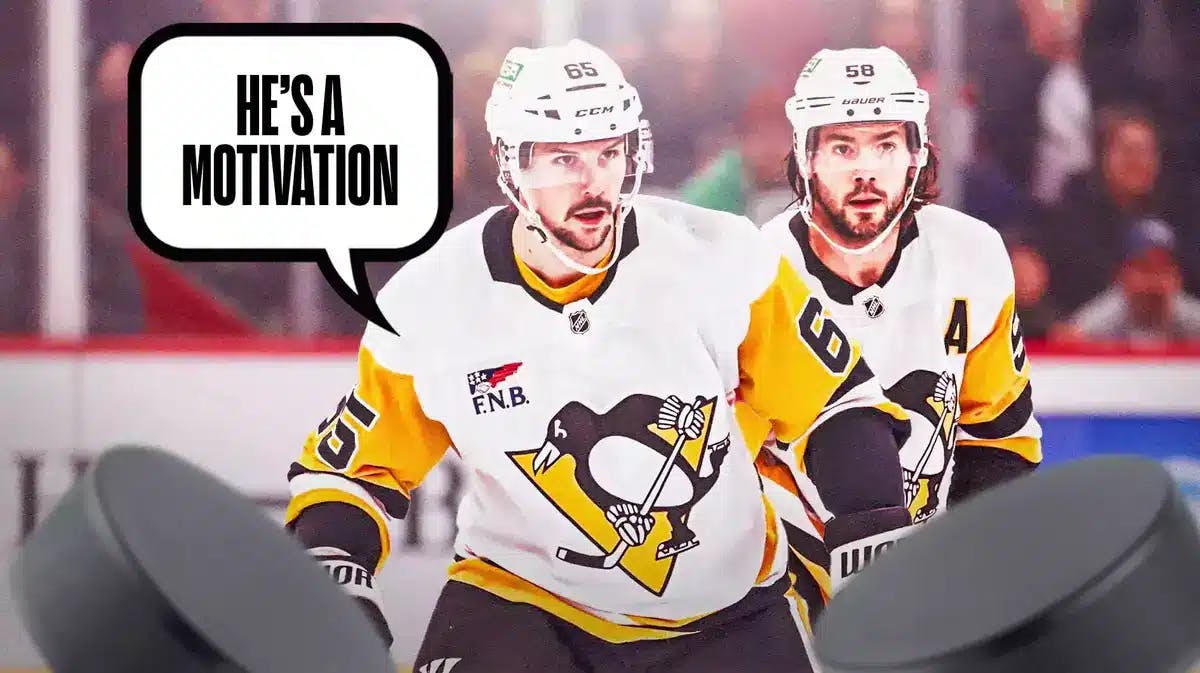 Photo: Erik Karlsson saying “He’s a motivation” with Kris Letang beside him, both of them in action in Penguins jerseys