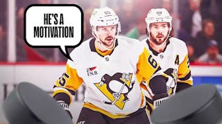 Photo: Erik Karlsson saying “He’s a motivation” with Kris Letang beside him, both of them in action in Penguins jerseys