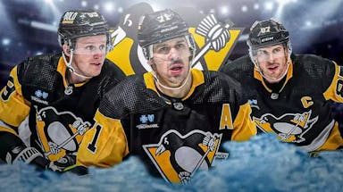 Evgeni Malkin in middle of image looking stern, Sidney Crosby and Jake Guentzel on either side looking stern, PIT Penguins logo, hockey rink in background