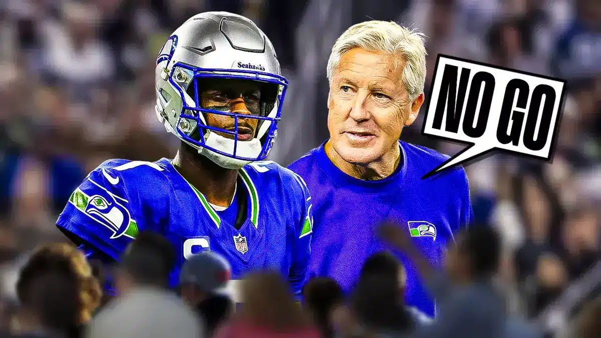 Seattle Seahawks coach Pete Carroll and speech bubble “No Go” and QB Geno Smith