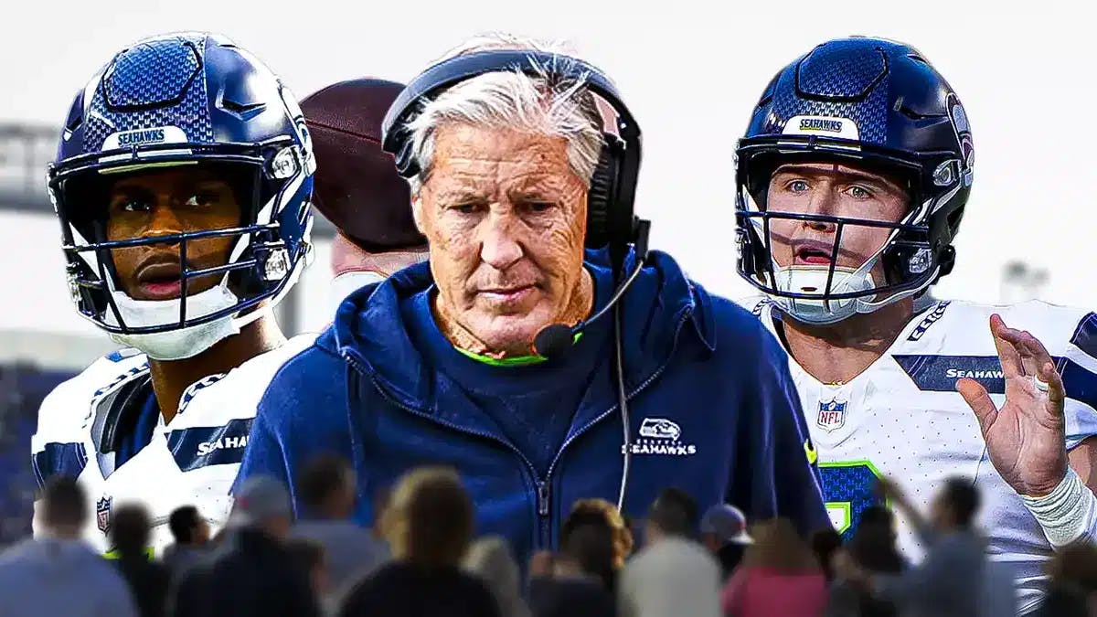 Seahawks Pete Carroll with Drew Lock and Geno Smith before Titans game