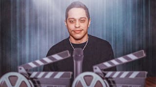 Pete Davidson with stage background.
