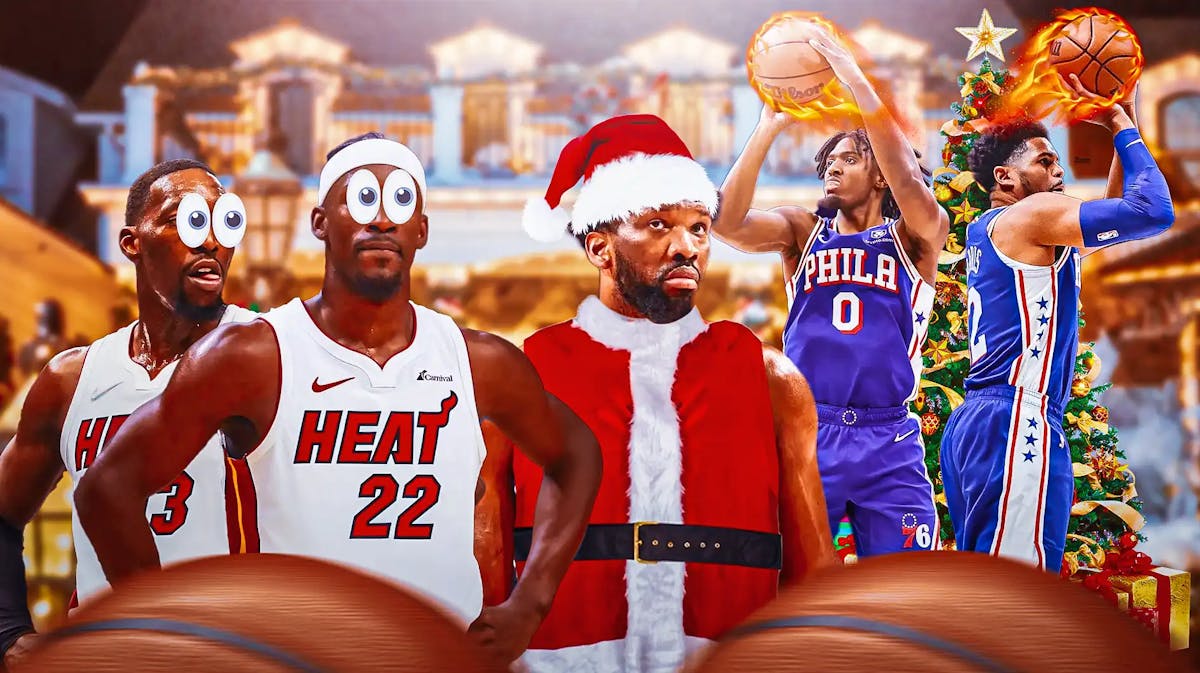 Sixers' Joel Embiid in a Santa suit, Tyrese Maxey and Tobias Harris shooting fireballs, Heat's Jimmy Butler and Bam Adebayo with big cartoon eyes, Christmas decorations in background