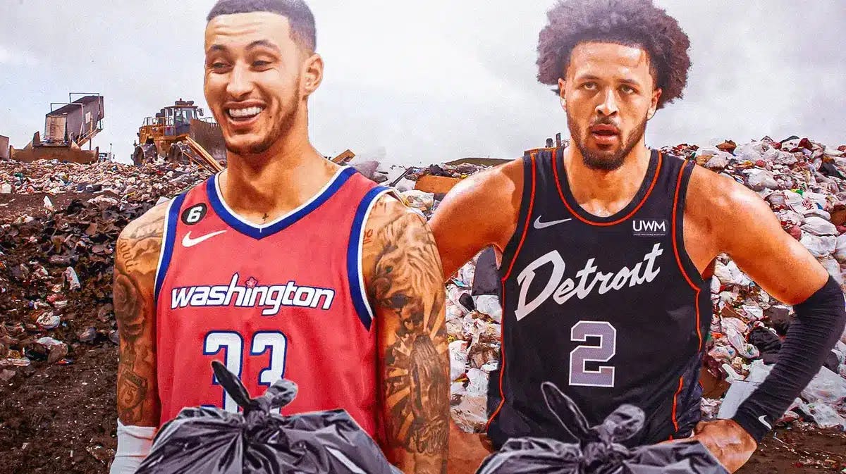 Wizards’ Kyle Kuzma laughing and Pistons’ Cade Cunningham sad with heaps of garbage bags around them, landfill background