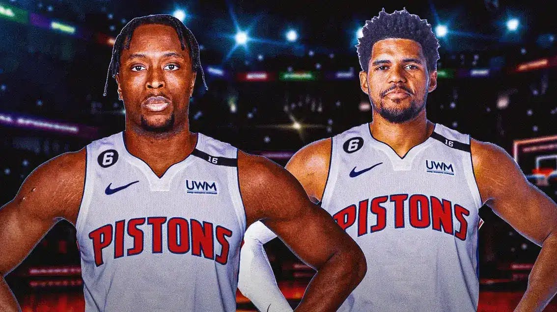OG Anunoby and Tobias Harris in Pistons jerseys with the Pistons arena in the background, NBA trade deadline
