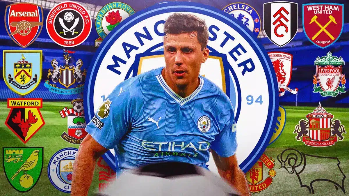 Rodri in front of the Manchester City and Premier League logos