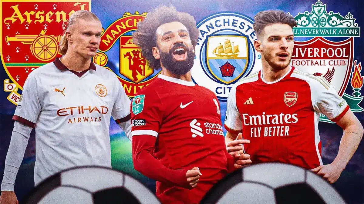 Mo Salah, Erling Haaland, Declan Rice in front of the Manchester city, Manchester United, Liverpool, Arsenal logos