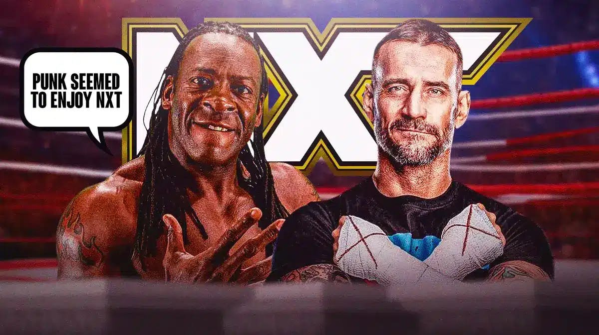 Booker T with a text bubble reading “Punk seemed to enjoy NXT” next to CM Punk with the NXT logo as the background.