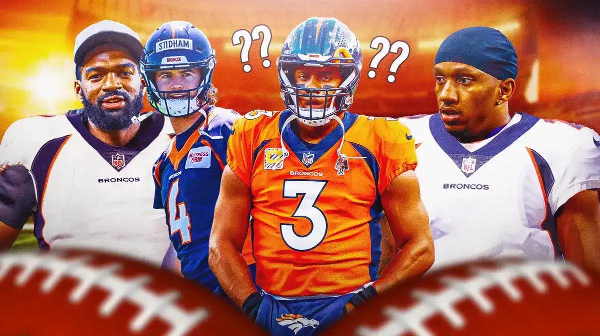 Photo: Russell Wilson with question marks above him in Broncos jersey, Jarrett Stidham, Jacoby Brissett, and Michael Penix Jr in Broncos jerseys behind him.