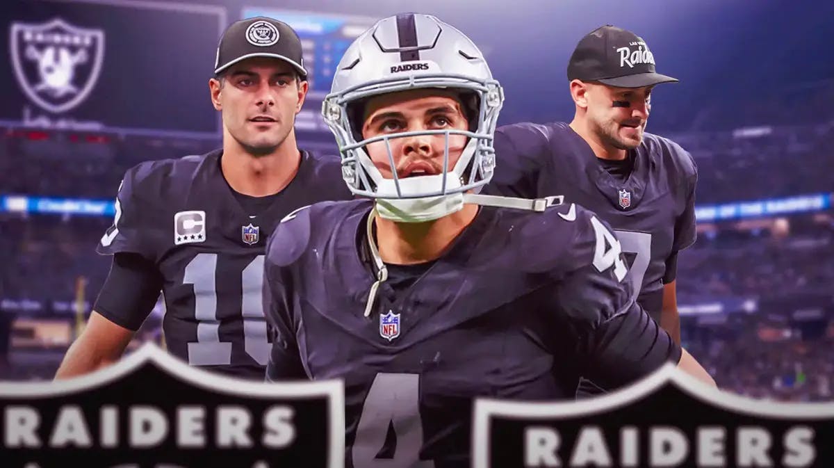 Photo: Aidan O’Connell in action, Jimmy Garoppolo, Brian Hoyer in background, all in Raiders jerseys