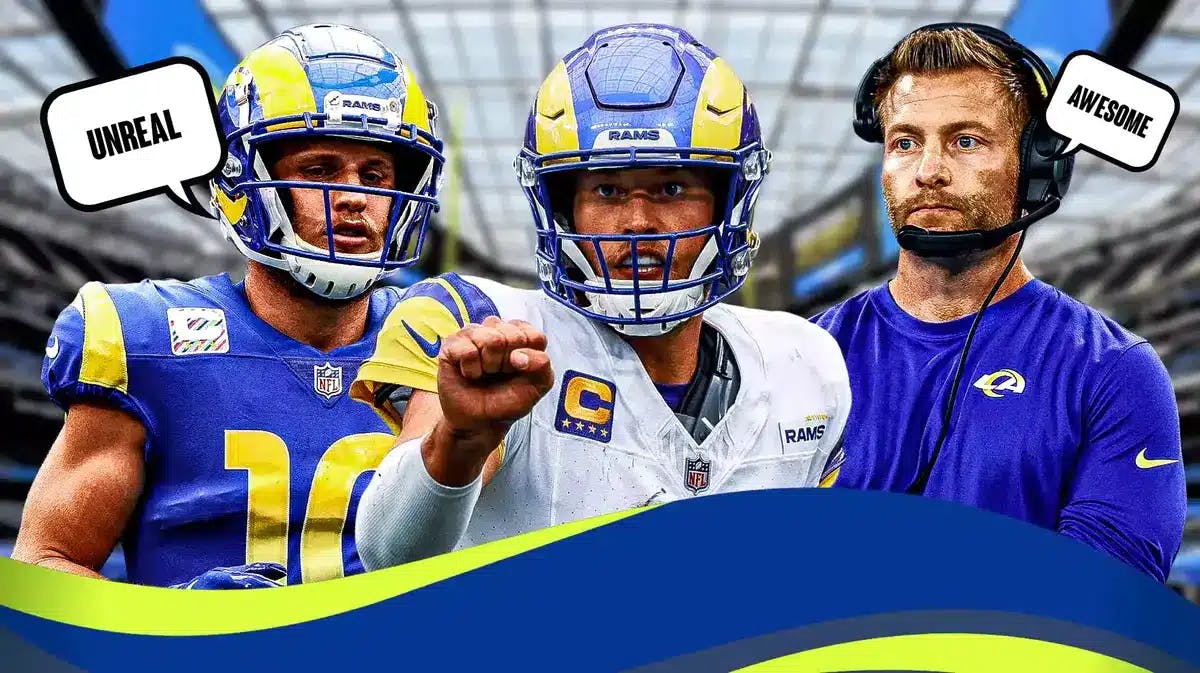 LA Rams' QB Matthew Stafford in middle of image. On one side, LA Rams WR Cooper Kupp and speech bubble “Unreal” and coach Sean McVay on other side and speech bubble “Awesome”