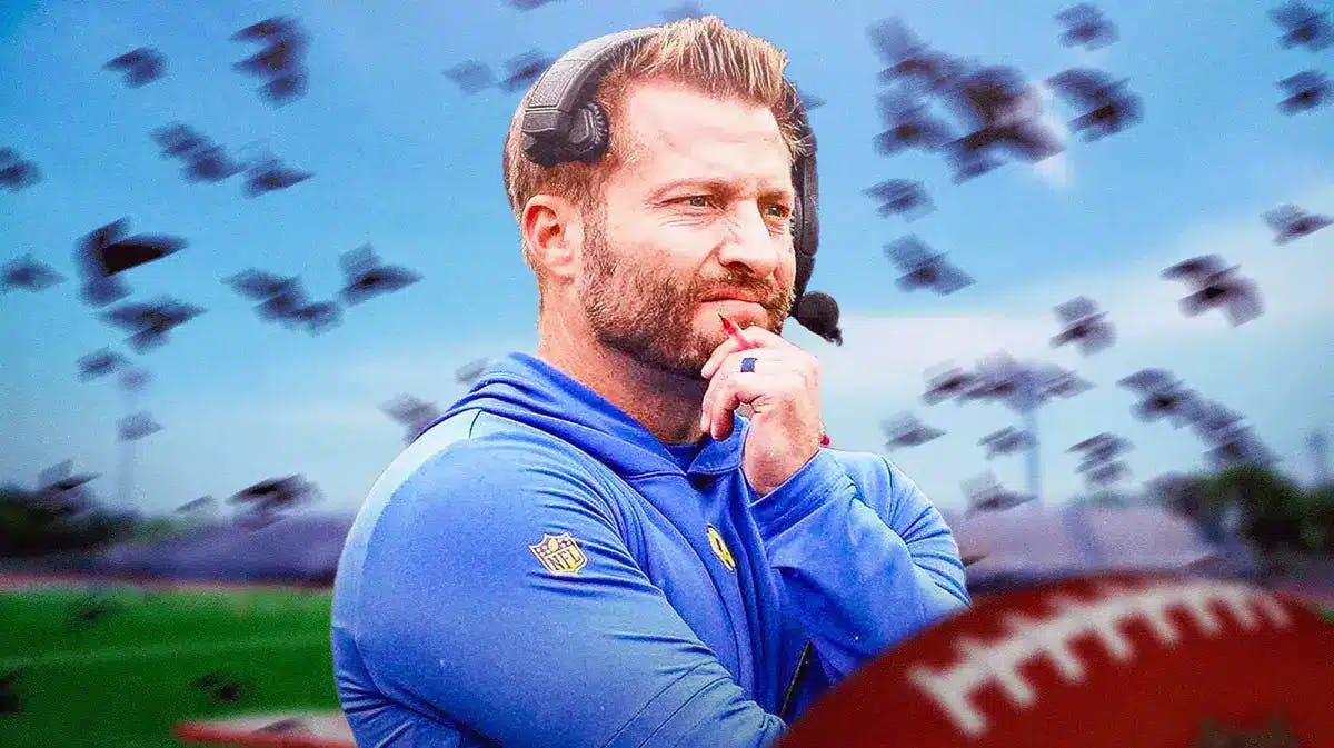 Rams coach Sean McVay with Ravens circling over head