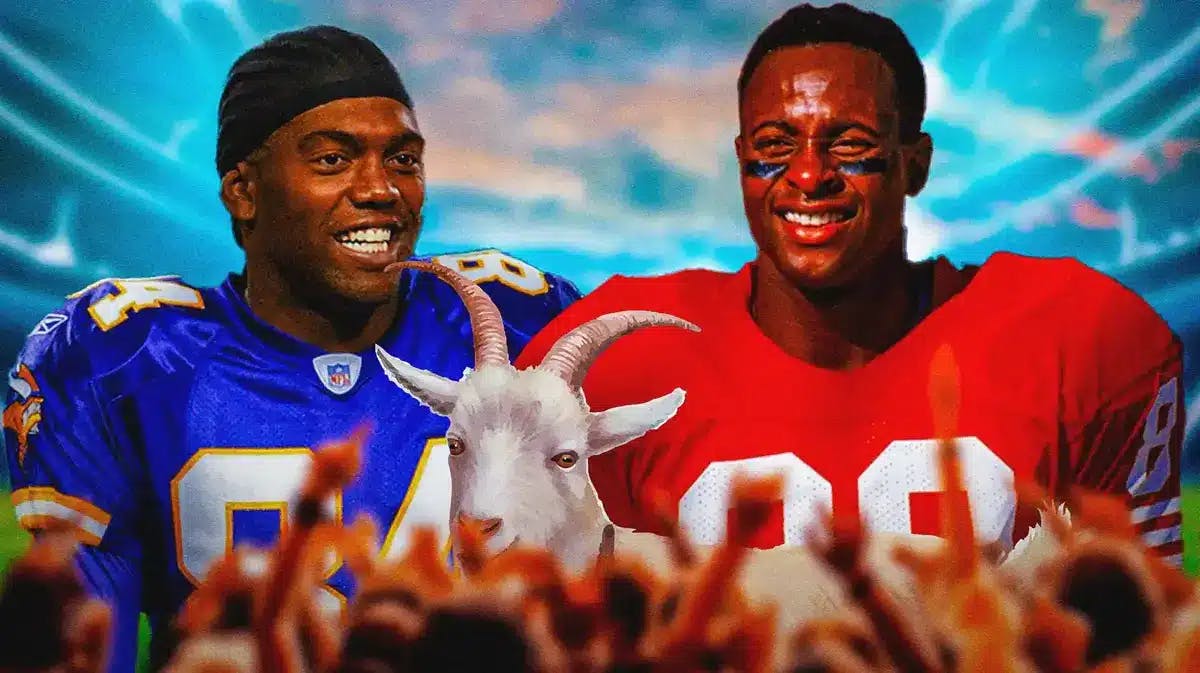 Two GOATs: Jerry Rice, Randy Moss, and a goat