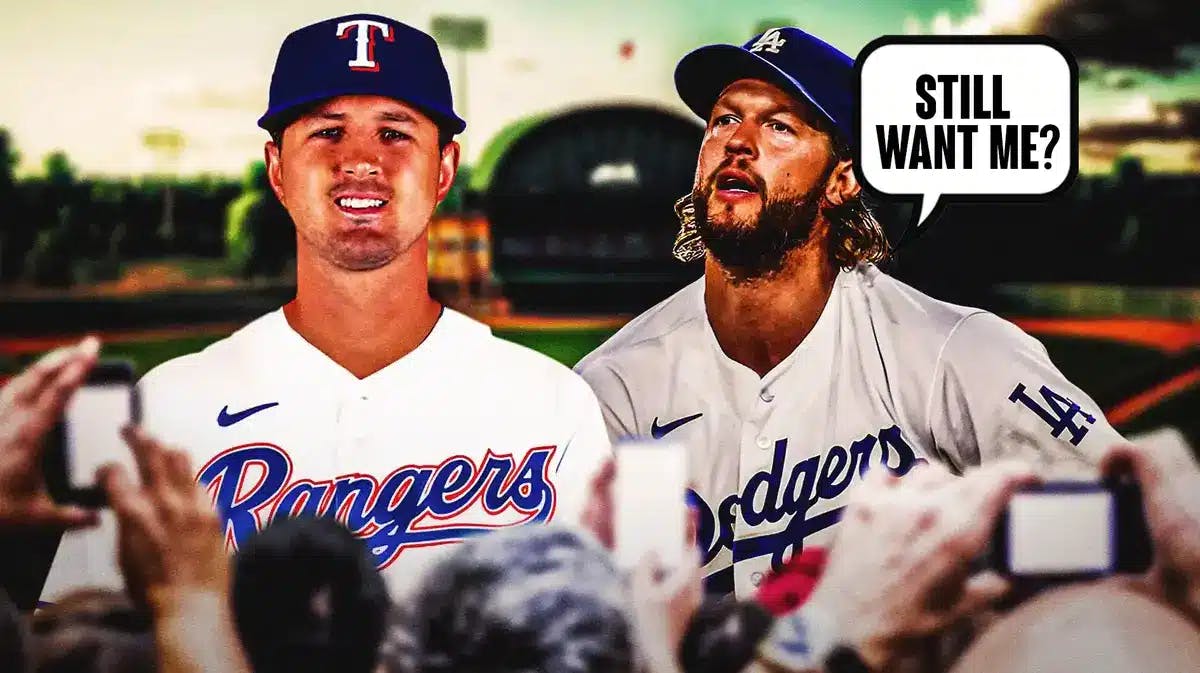 Thumb: Clayton Kershaw with speech bubble saying, “Still want me?”, while Tyler Mahle is in Rangers uniform.