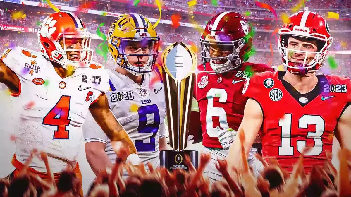 Deshaun Watson (Clemson), Joe Burrow smoking cigar (LSU), DeVonta Smith (Alabama), Stetson Bennett (Georgia) all together with the College Football Playoff National Championship Trophy in front of the graphic. Confetti raining down from above.