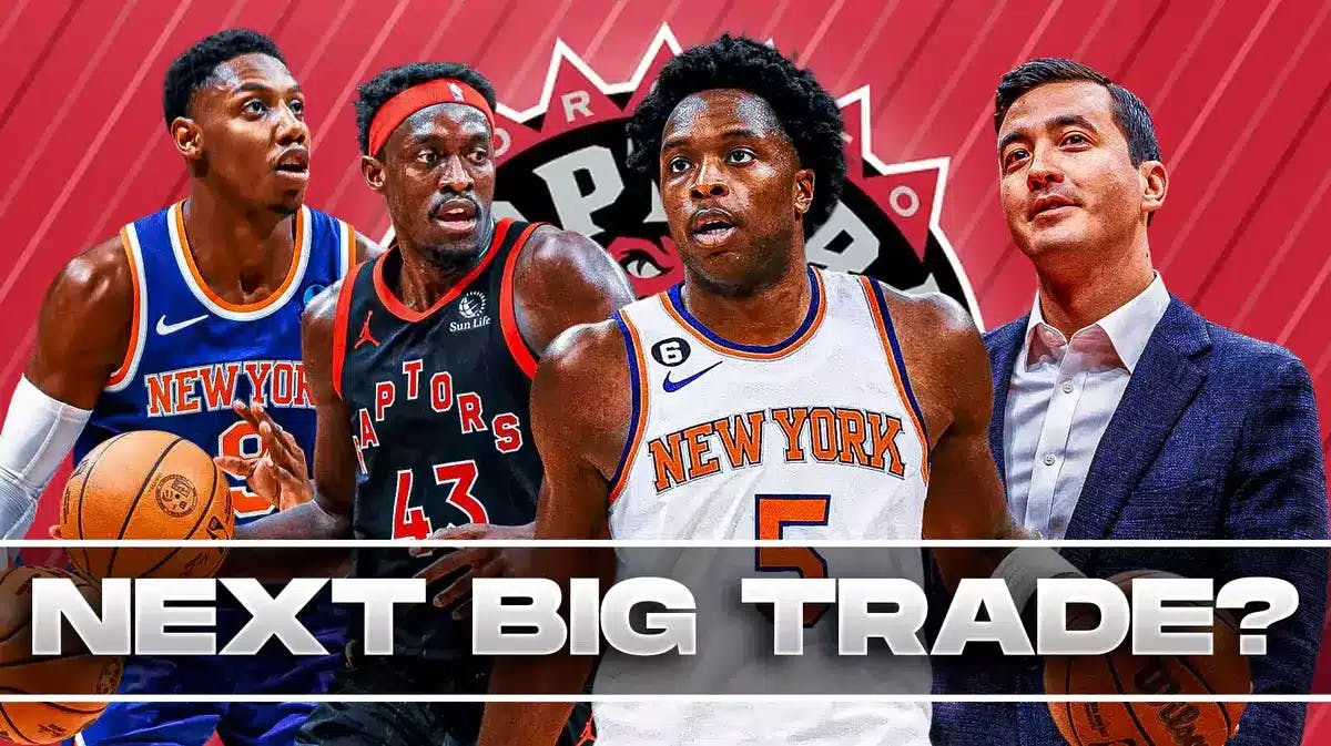 OG Anunoby in a Knicks jersey in the middle, GM Bobby Webster, RJ Barrett and Pascal Siakam around him, and Raptors wallpaper in the background.