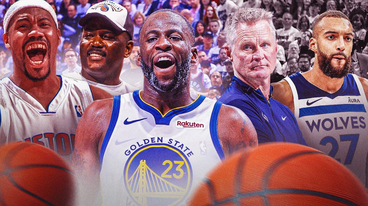 Draymond Green, Rasheed Wallace, and Joe Dumars smiling and Steve Kerr and Rudy Gobert looking disappointed
