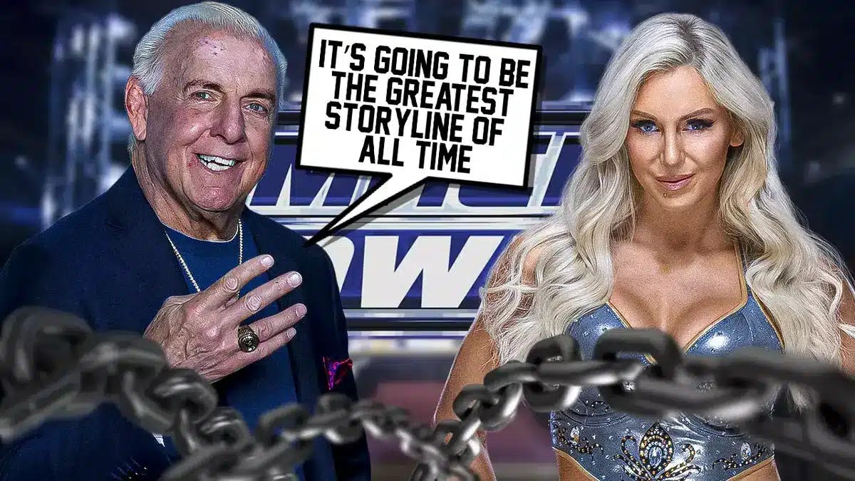 Ric Flair with a text bubble reading “It’s going to be the greatest storyline of all time” next to Charlotte Flair with the SmackDown logo as the background.