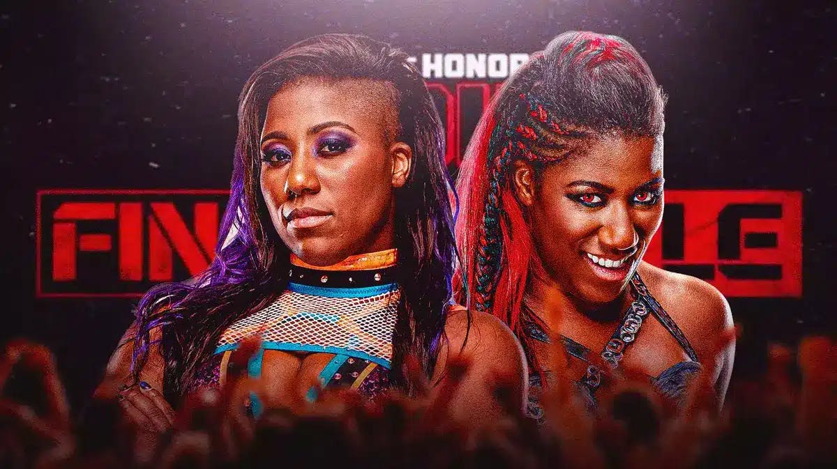 2023 AEW star Athena next to 2020 Ember Moon with the 2023 Ring of Honor Final Battle graphic as the background.