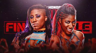 2023 AEW star Athena next to 2020 Ember Moon with the 2023 Ring of Honor Final Battle graphic as the background.