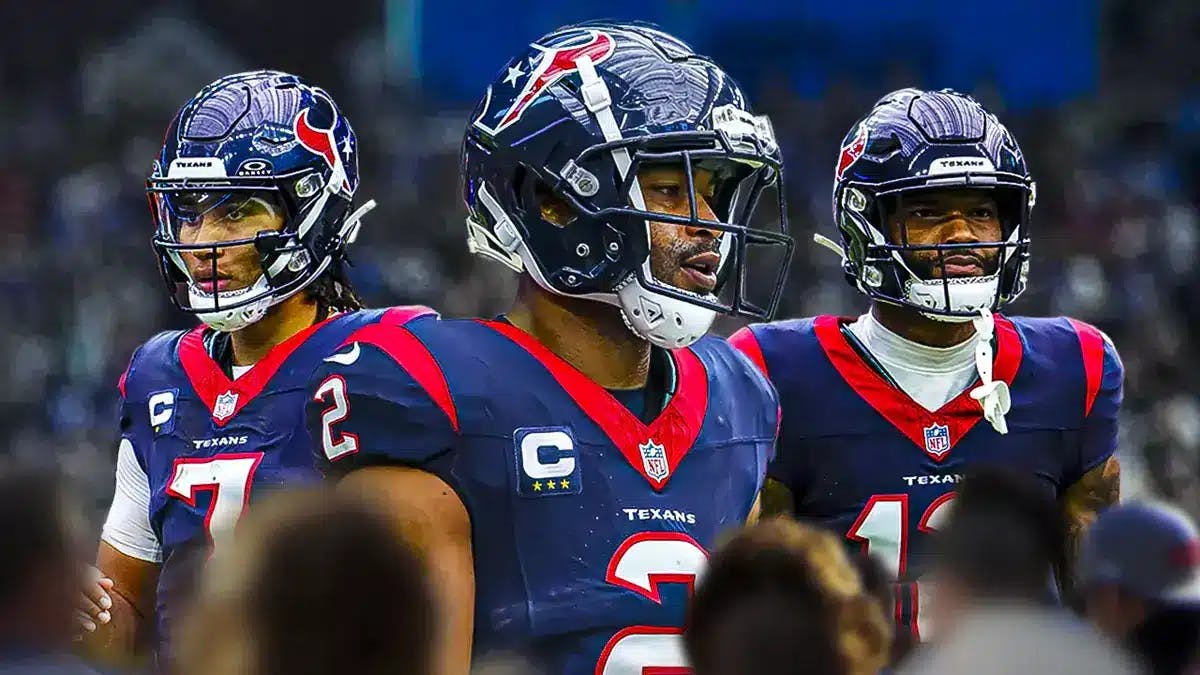 Houston Texans' Robert Woods looking sad/dejected in front of image, with CJ Stroud and Nico Collins in background looking same.