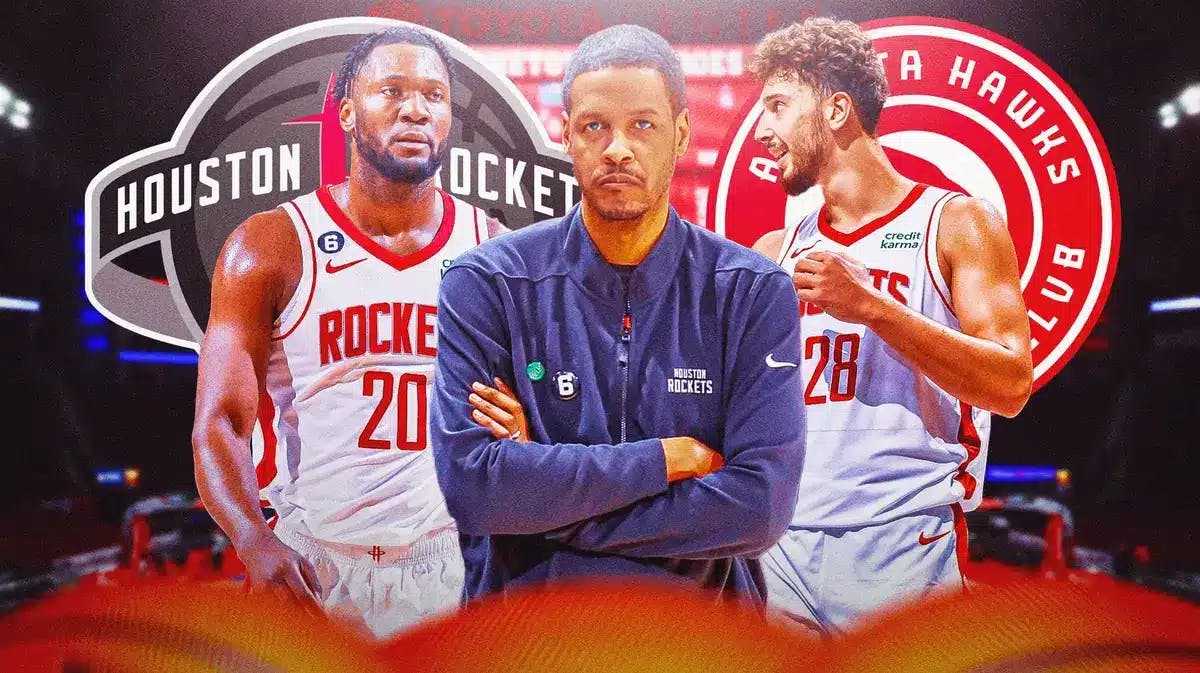 IMAGE: Rockets Alperen Sengun and Rockets Bruno Fernando pitted against each other with coach Stephen Silas in the middle looking like he’s making a decision. In the background have the Rockets logo pitted against the Hawks logo