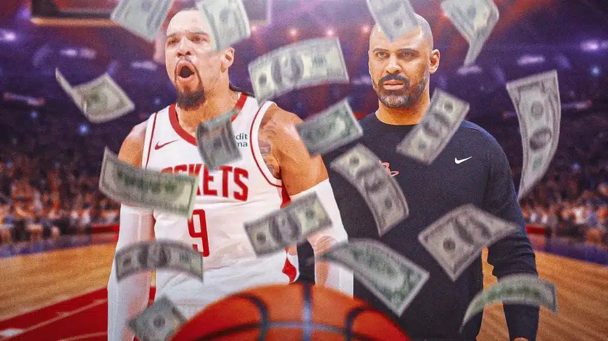 Rockets' Dillon Brooks and Ime Udoka with money falling around them