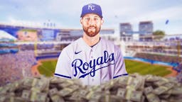 Michael Wacha in a Royals uniform surrounded by money