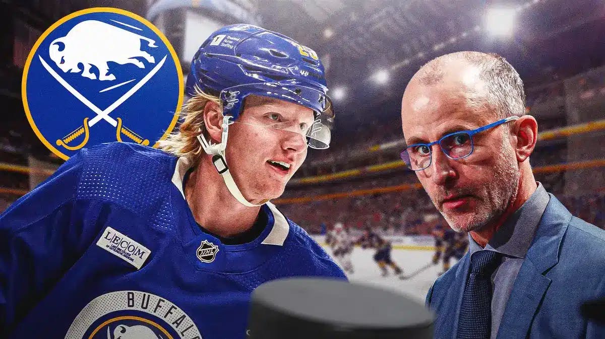 Rasmus Dahlin in middle of image looking happy, Don Granato in image, BUF Sabres logo, hockey rink in background