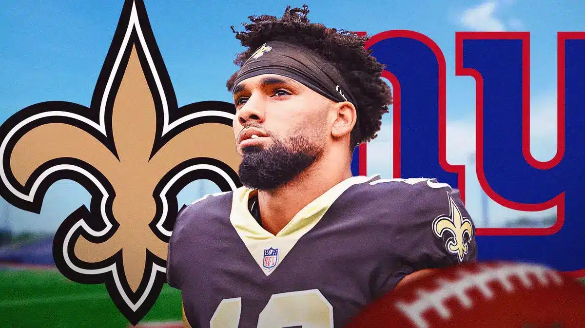 Chris Olave in front of Saints and Giants logos