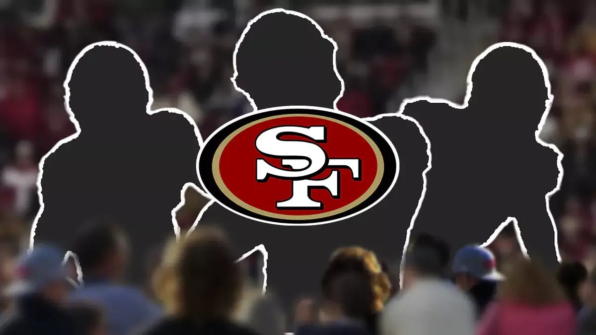 San Francisco 49ers logo with three silhouettes of mystery players behind it to signify they signed new players.