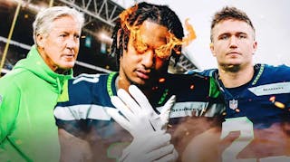 Seahawks Jaxon Smith Njigba with Drew Lock and Pete Carroll after win over Eagles