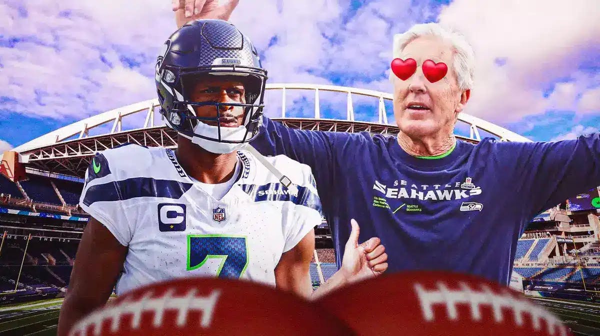 Seahawks' Geno Smith giving a thumbs up. Pete Carroll with heart eyes.