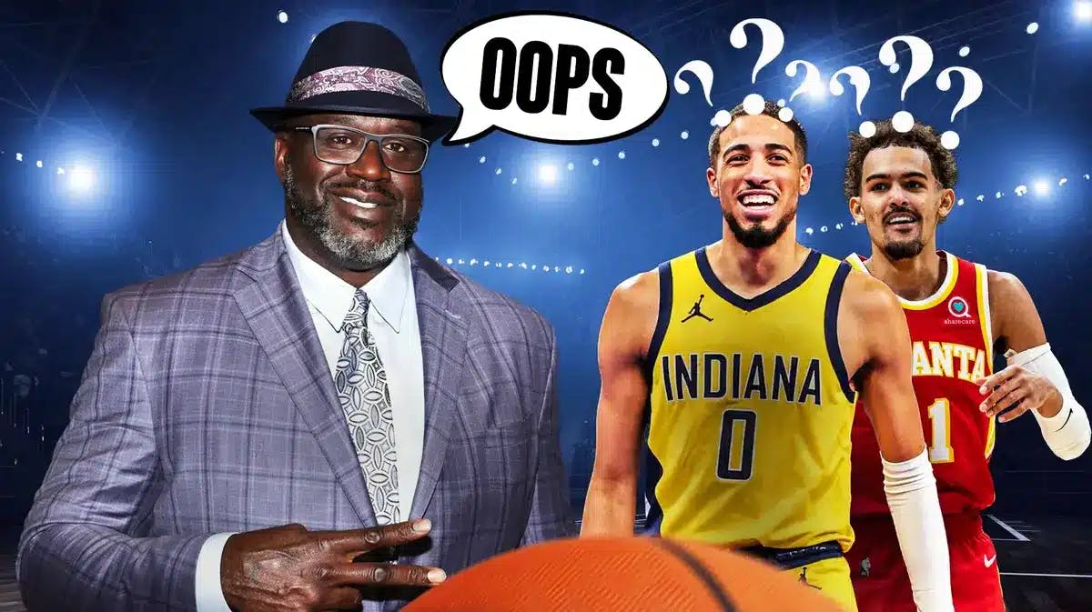 Shaquille O’Neal with speech balloon that says ‘Oops’. Tyrese Haliburton and Trae Young laughing with several question marks above their heads