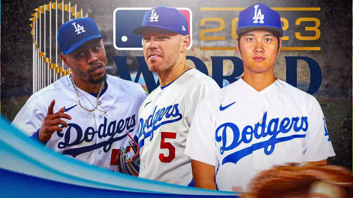 Mookie Betts, Freddie Freeman, Shohei Ohtani in Dodgers jerseys, World Series logo and Dodger Stadium in background
