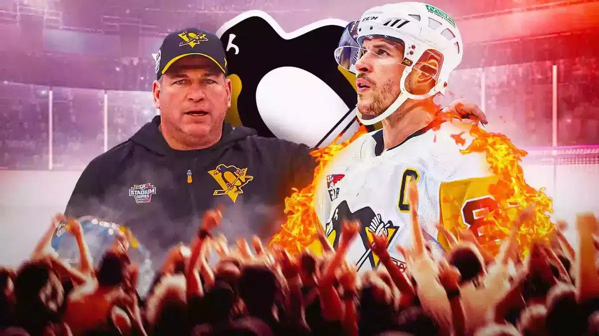 Sidney Crosby in middle of image with fire around him, Mark Recchi in image in PIT Penguins jersey, Penguins logo, hockey rink in background