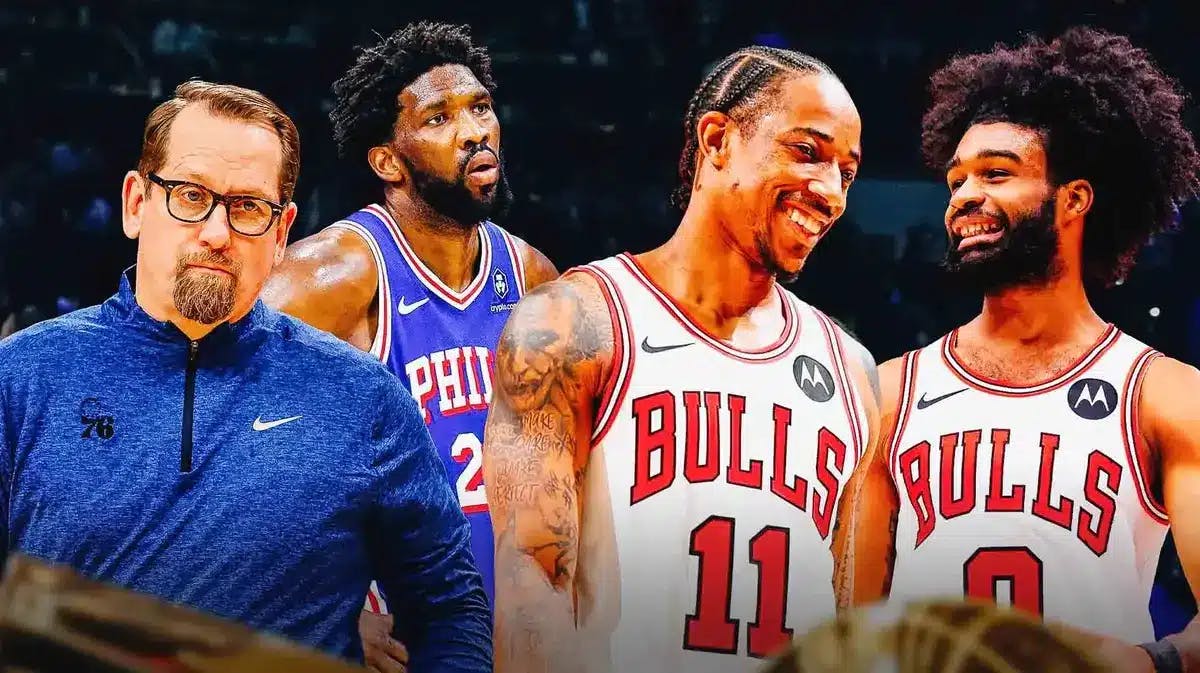 Sixers' Nick Nurse and Joel Embiid and Bulls' DeMar DeRozan and Coby White