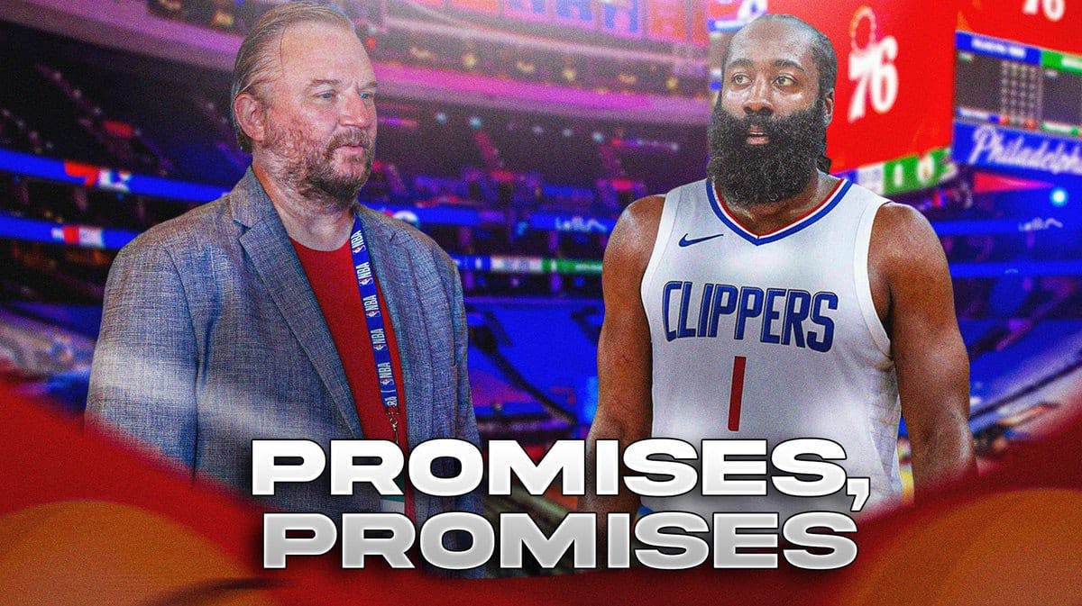 Clippers' James Harden looking angry at a serious Daryl Morey, with the caption below: PROMISES, PROMISES