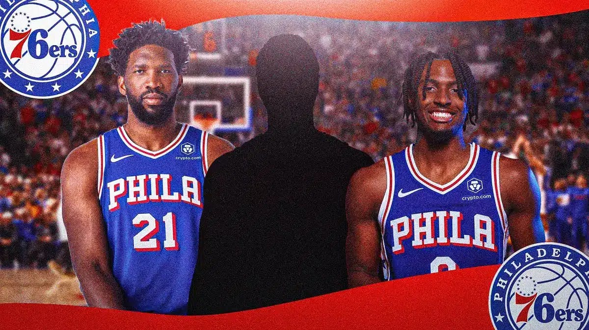 Sixers' Joel Embiid and Tyrese Maxey next to a silhouette