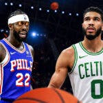 Sixers' Patrick Beverley with fire coming out of his eyes next to Celtics' Jayson Tatum