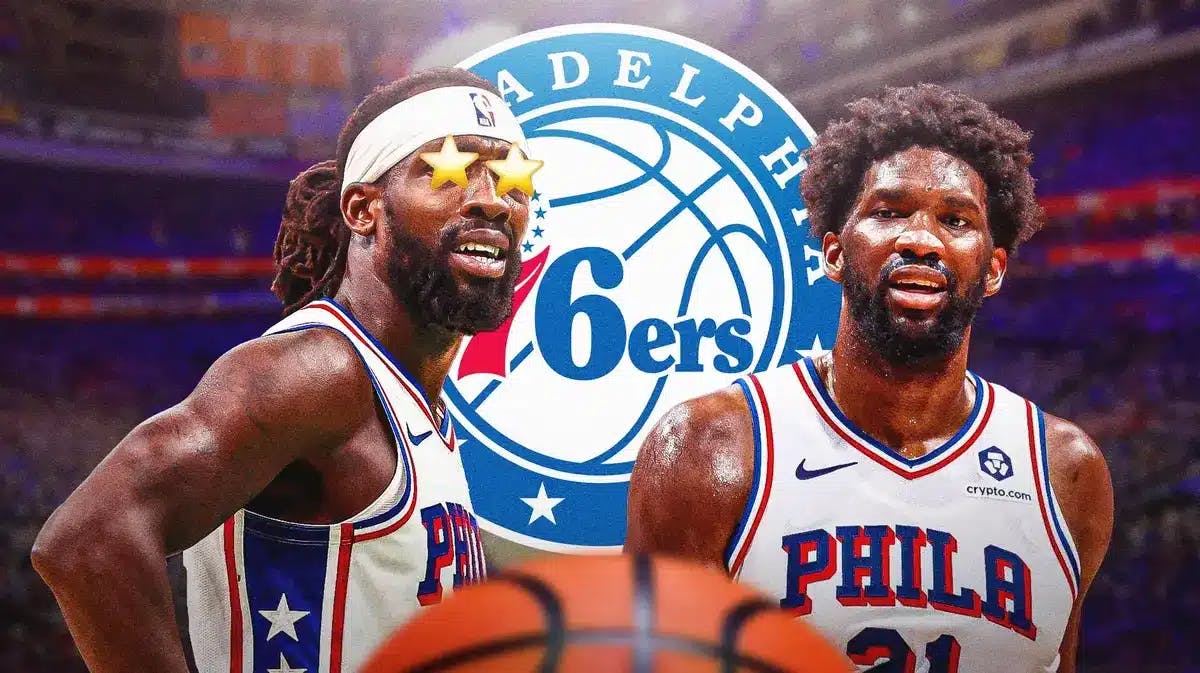Sixers' Patrick Beverley with stars covering his eyes looking at Joel Embiid