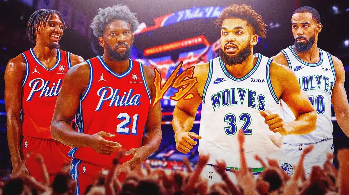 Sixers' Tyrese Maxey and Joel Embiid next to Timberwolves' Karl-Anthony Towns and Mike Conley