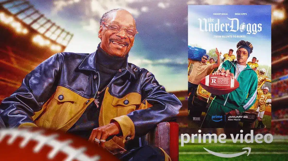 Snoop Dogg next to The Underdoggs movie poster with Prime Video logo and football field background.