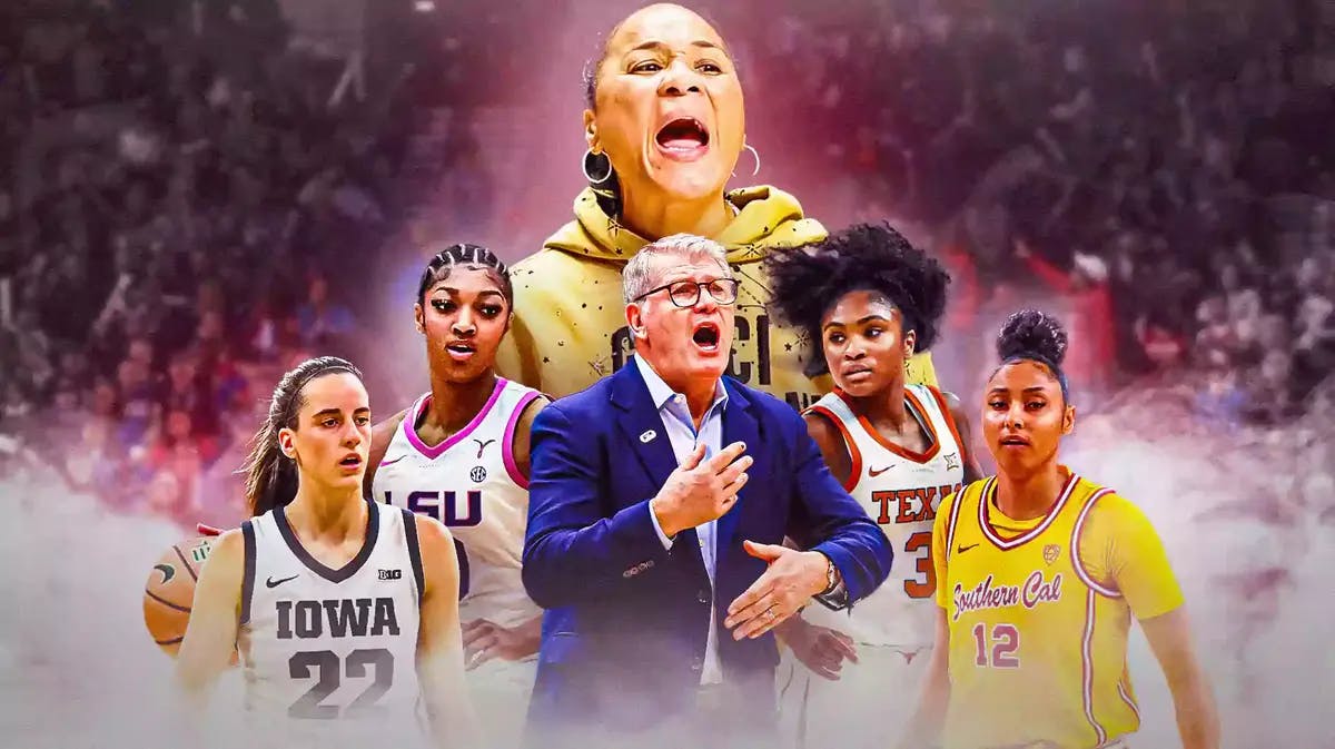 Dawn Staley with with Iowa women’s basketball player Caitlin Clark, UConn women’s basketball coach Geno Auriemma, LSU women’s basketball player Angel Reese, Texas women’s basketball player Rori Harmon and USC women’s basketball player JuJu Watkins