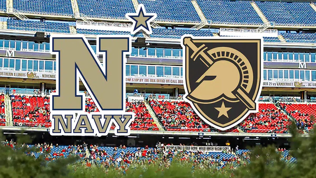 Army football, Navy football, Midshipmen, Black Knights, Army Navy, Army and Navy logos with Gilette Stadium in the background
