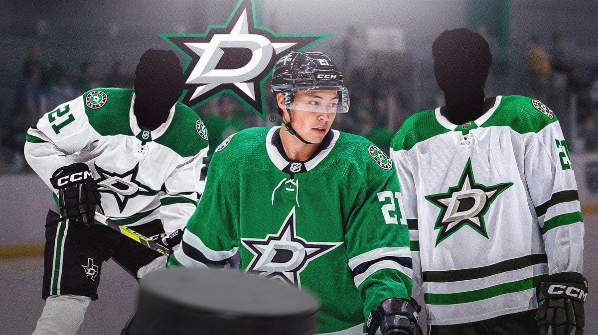 Jason Robertson in middle of image with two silhouetted Dallas Stars players on either side, DAL Stars logo, hockey rink in background